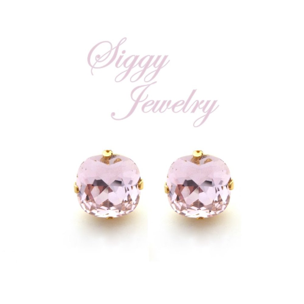 Light Rose Solitaire Cushion Cut Stud Crystal Earrings, Assorted Finishes